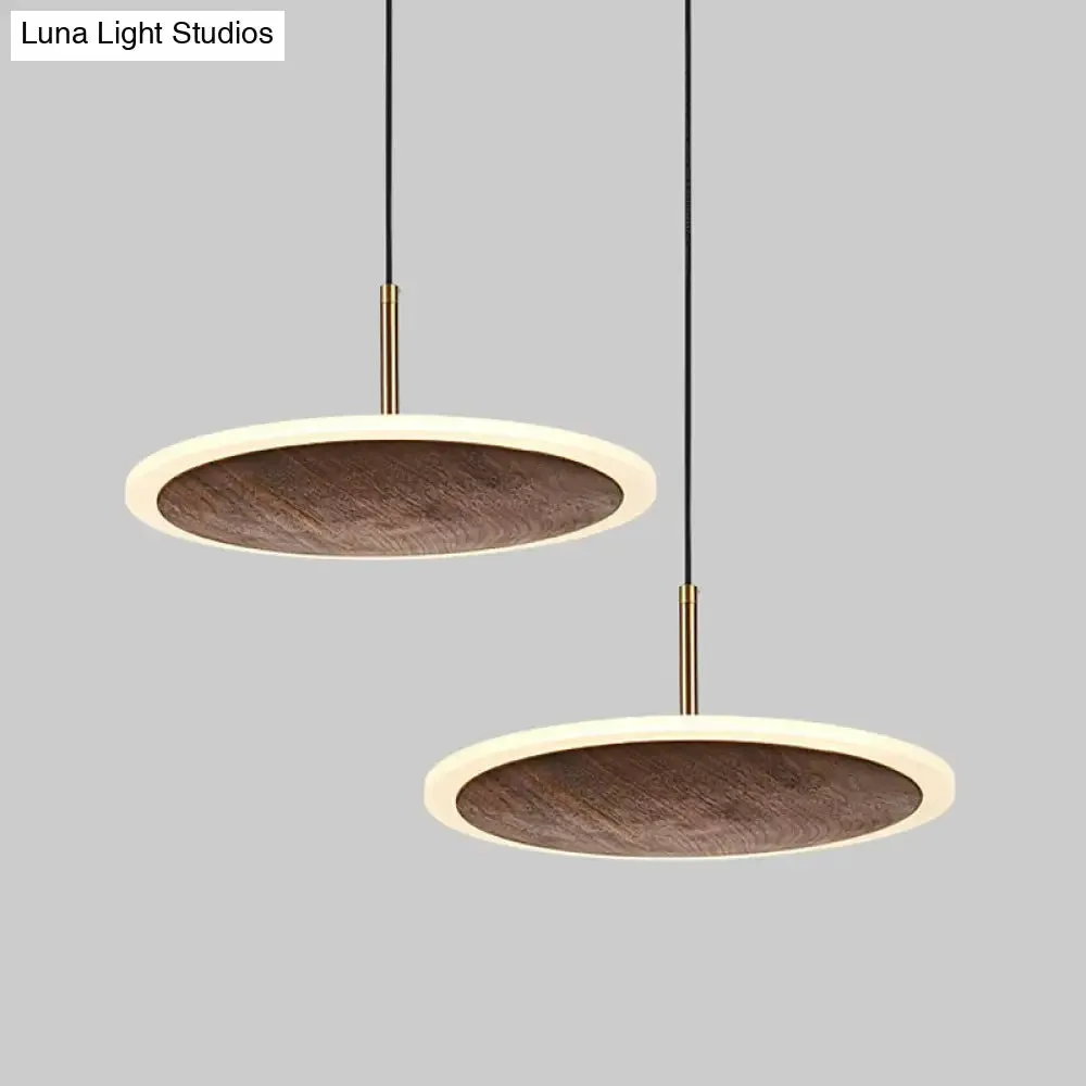 Modern Round Brown Walnut Wood Pendant Light - Simple LED Hanging Lamp for Living Room