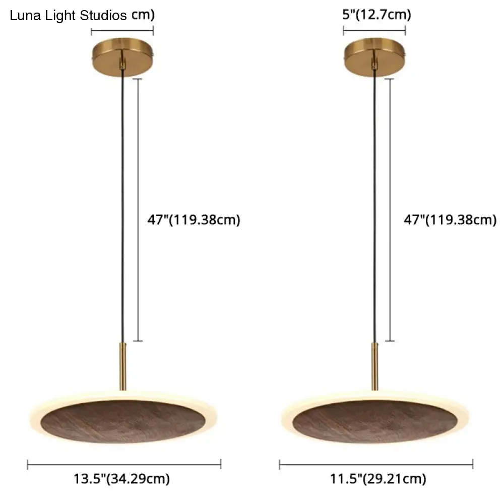 Modern Round Brown Walnut Wood Pendant Light - Simple LED Hanging Lamp for Living Room