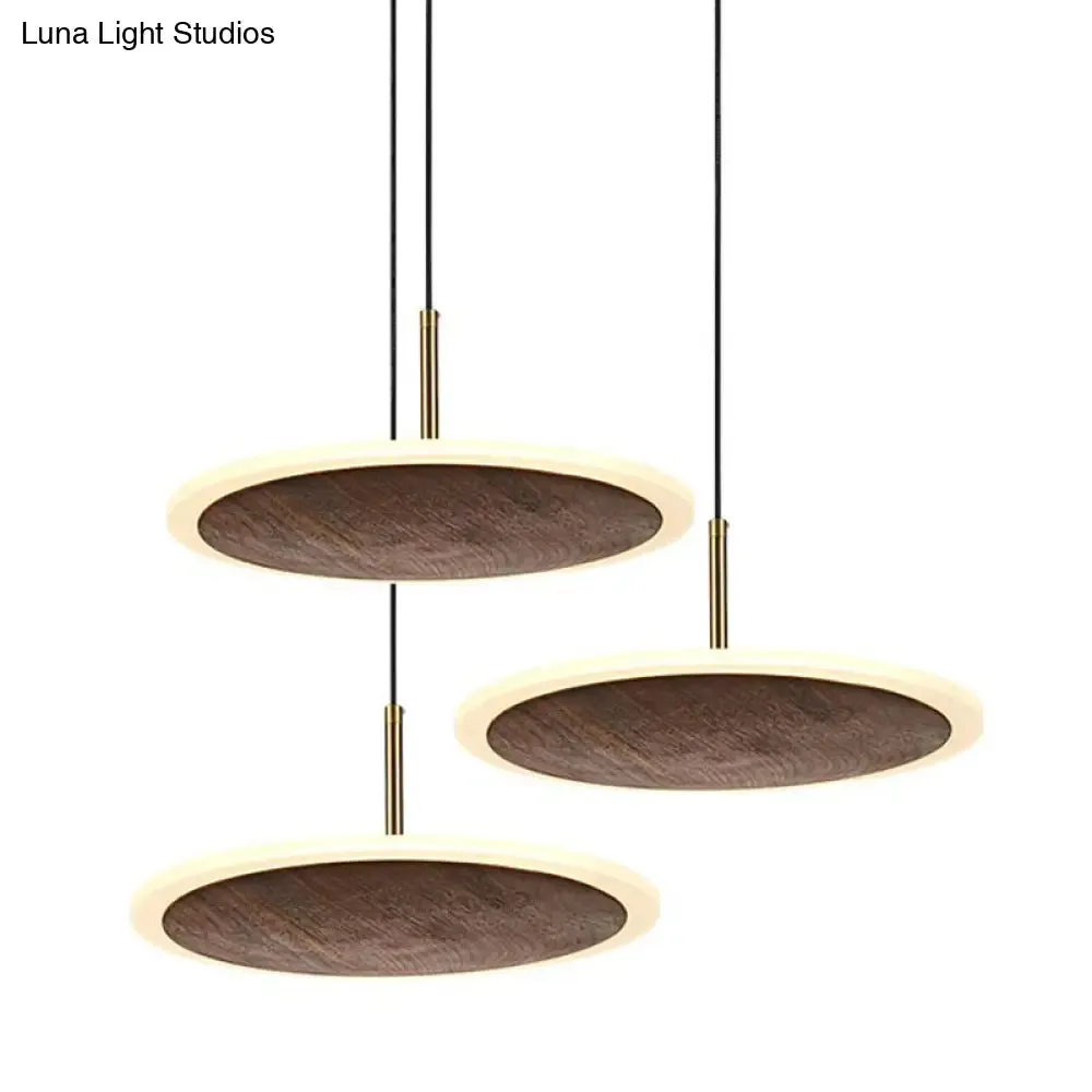 Modern Round Brown Walnut Wood Pendant Light - Simple LED Hanging Lamp for Living Room