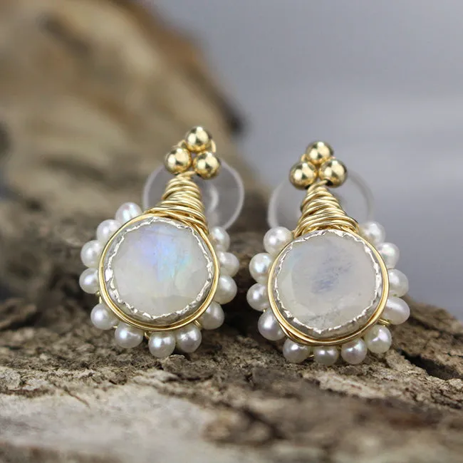 Moonstone Pearl STUD Flower Earrings