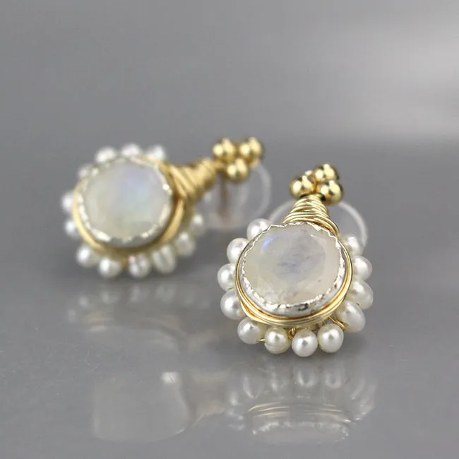 Moonstone Pearl STUD Flower Earrings