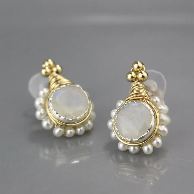 Moonstone Pearl STUD Flower Earrings