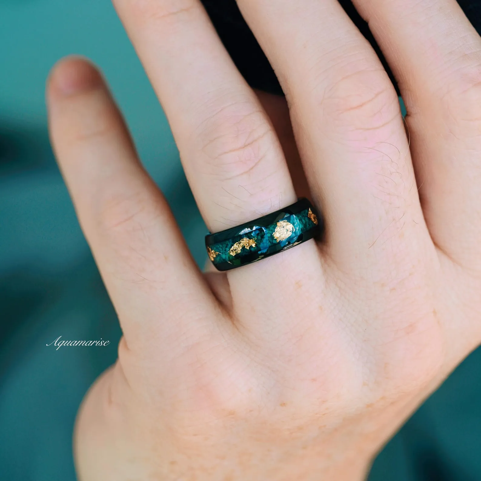 Moss Agate & Gold Leaf Couples Ring