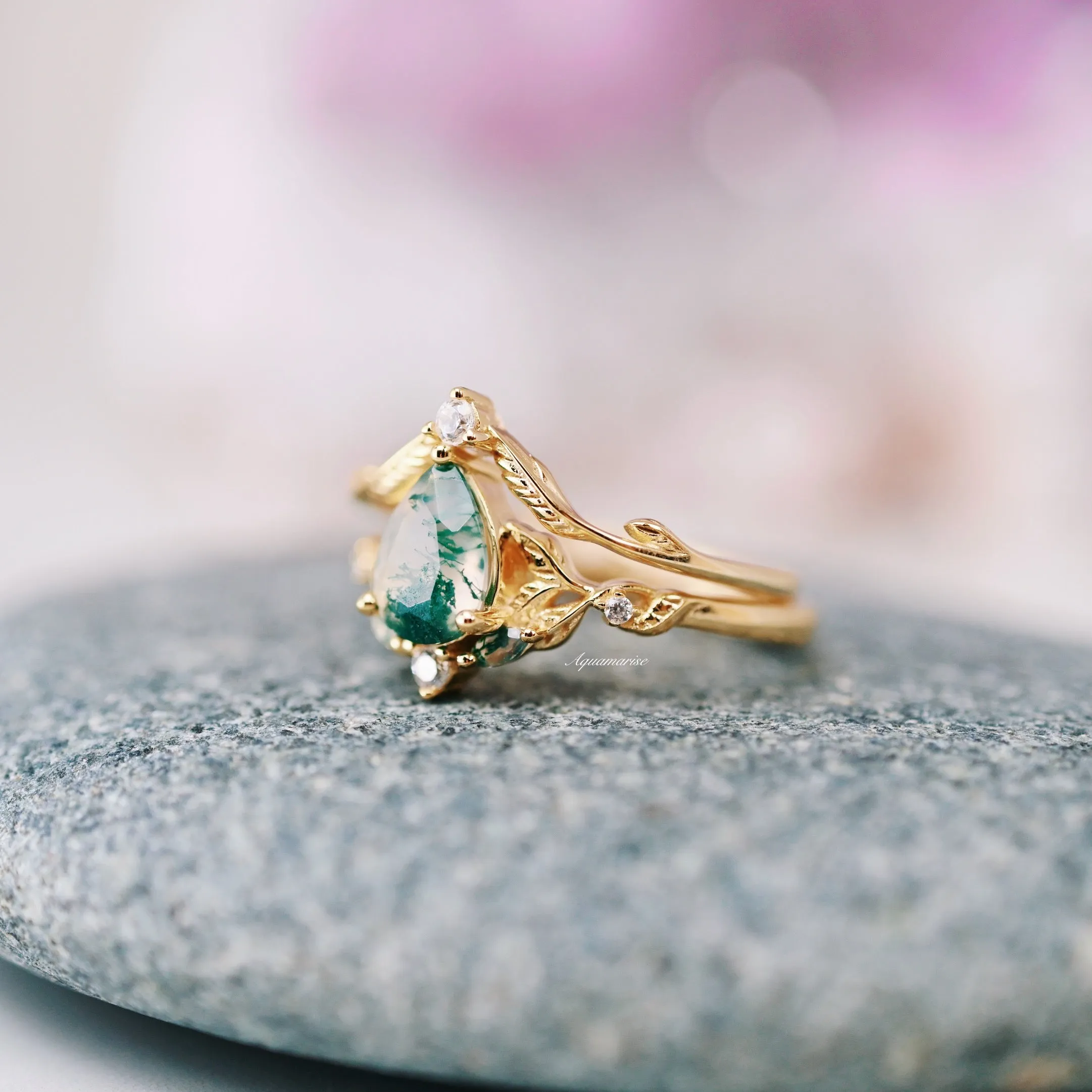 Moss Agate & Gold Leaf Couples Ring