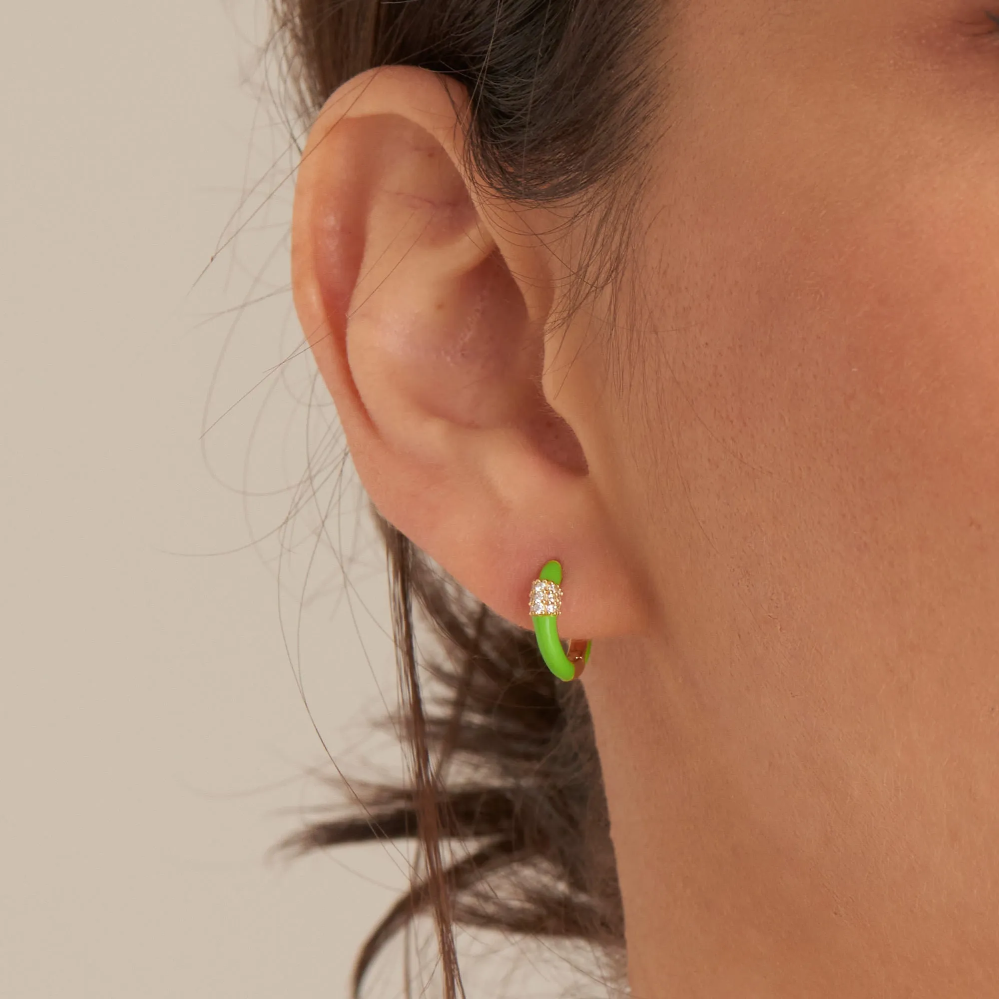 Neon Green Enamel Carabiner Gold Huggie Hoop Earrings