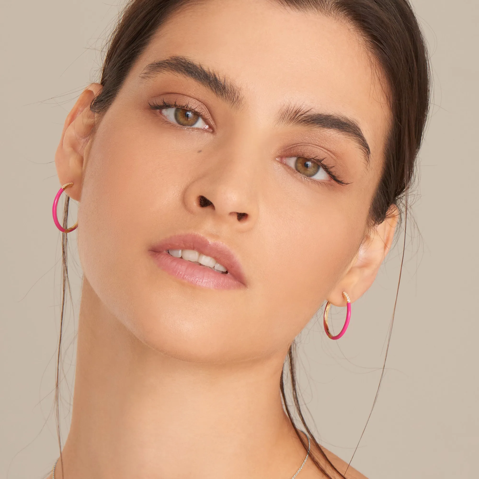 Neon Pink Enamel Gold Sparkle Hoop Earrings