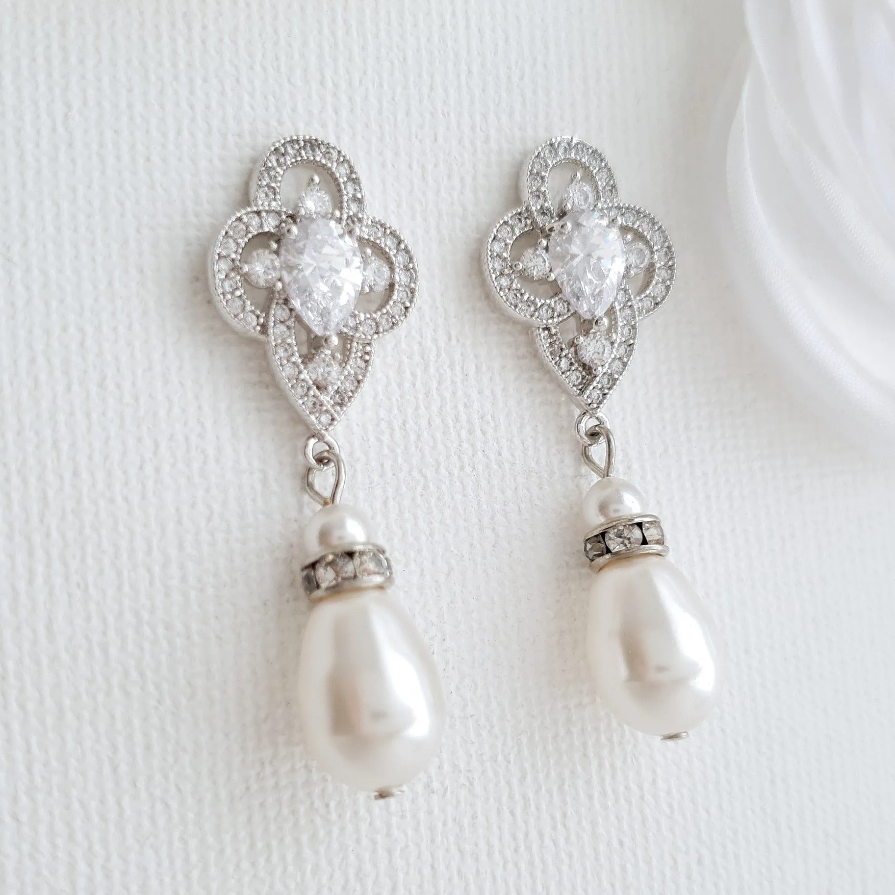 Pearl Drop Earrings, Bridal Earrings, Crystal Wedding Earrings, Bridesmaids Earrings, CZ Pearl Earrings, Pearl Wedding Jewelry, Mabel