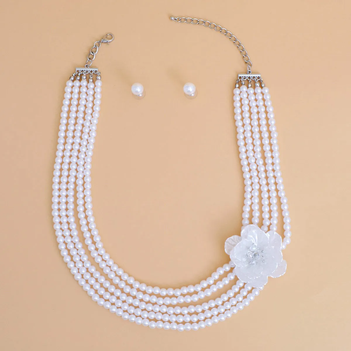 Pearl Necklace White 5 Strand Flower Set for Women