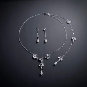 Pearl, Rhinestone & Silver Back Drop Necklace Jewelry Set