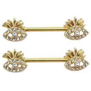 Pierce2GO Gold Stainless Steel 14G 9/16" Barbell 2 Pack Pineapple Nipplerings Piercing Barbells Gold Eye Pendants Accented with Clear Stones