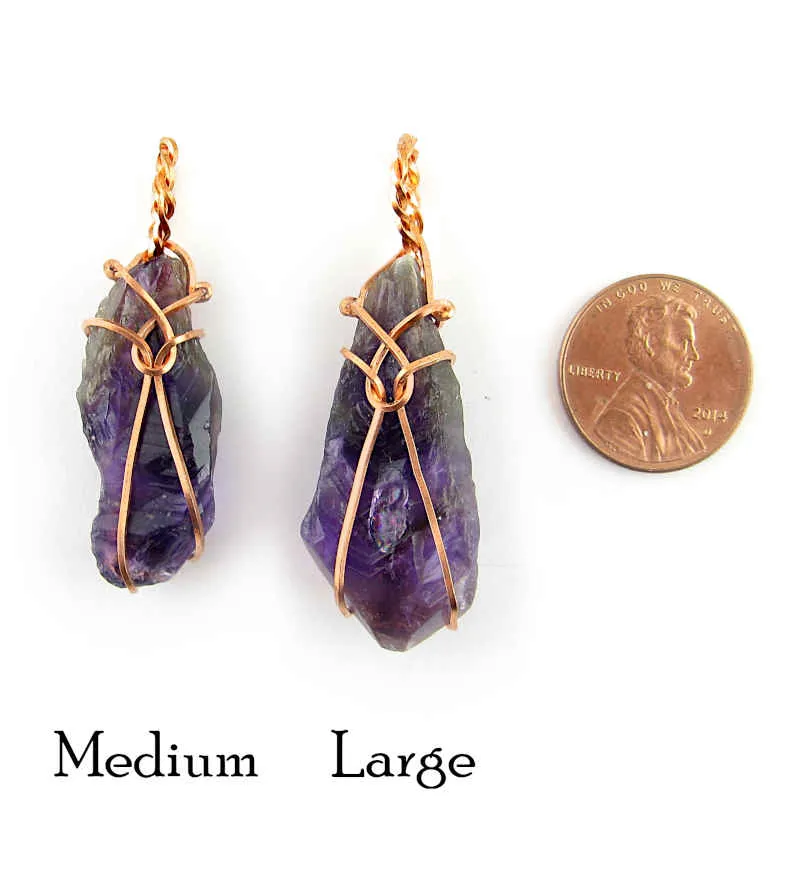 Raw Amethyst Crystal Pendant Necklace w/ Teardrop Knot, Copper Wire-Wrapped, w/ 20 Chain, Handmade