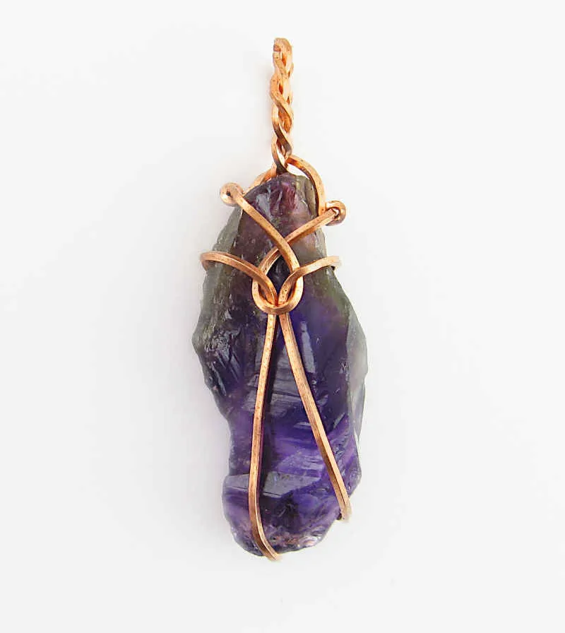 Raw Amethyst Crystal Pendant Necklace w/ Teardrop Knot, Copper Wire-Wrapped, w/ 20 Chain, Handmade