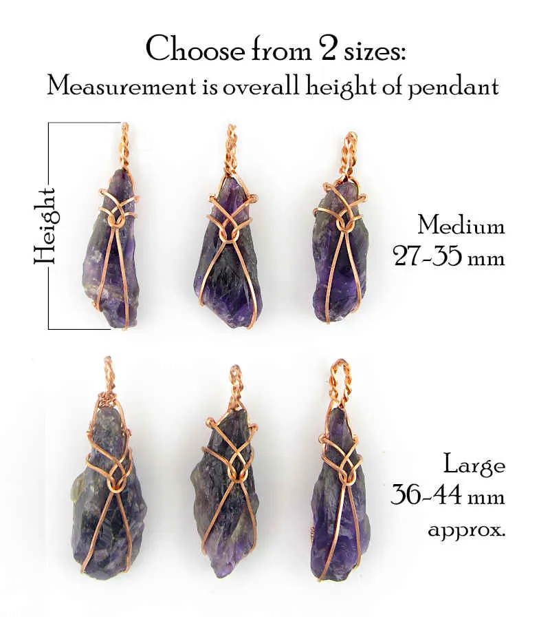 Raw Amethyst Crystal Pendant Necklace w/ Teardrop Knot, Copper Wire-Wrapped, w/ 20 Chain, Handmade