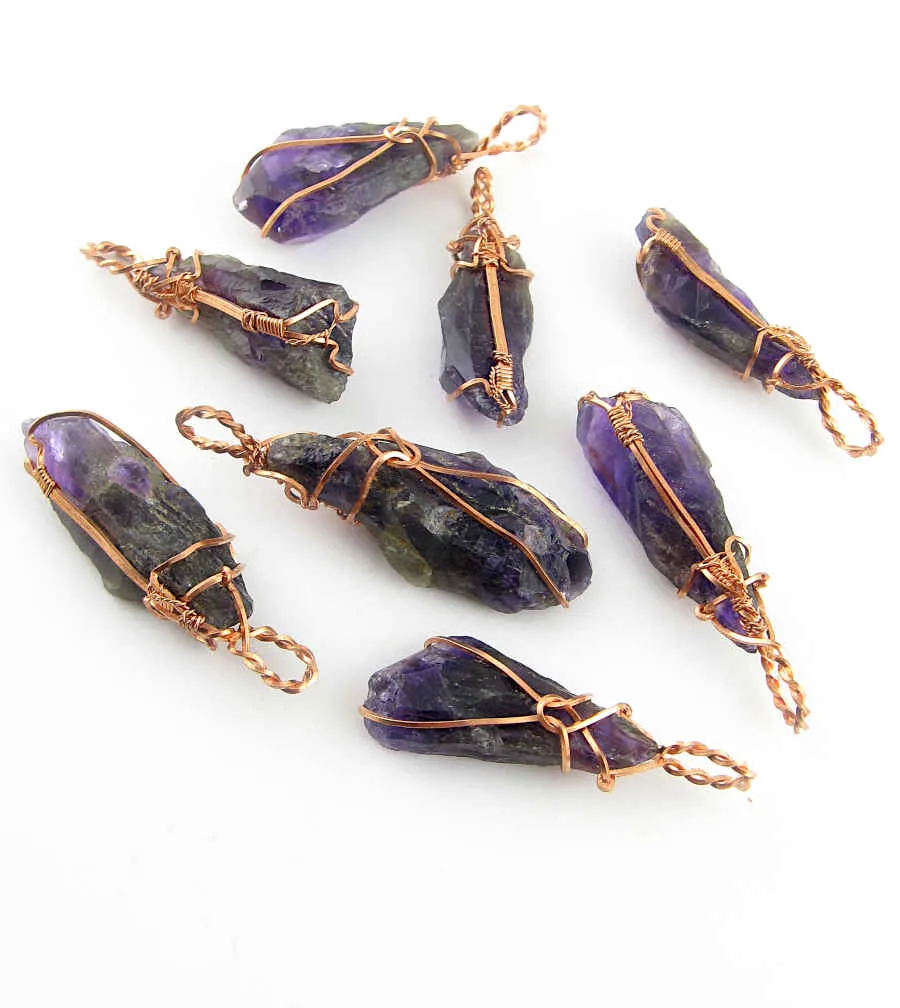 Raw Amethyst Crystal Pendant Necklace w/ Teardrop Knot, Copper Wire-Wrapped, w/ 20 Chain, Handmade