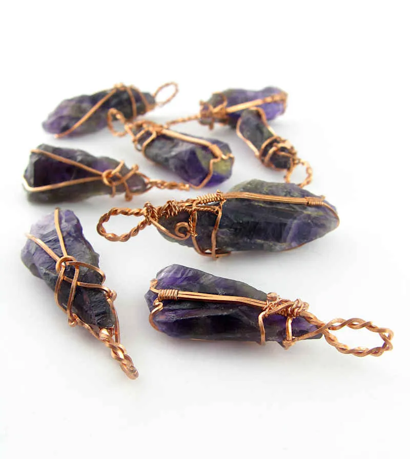 Raw Amethyst Crystal Pendant Necklace w/ Teardrop Knot, Copper Wire-Wrapped, w/ 20 Chain, Handmade