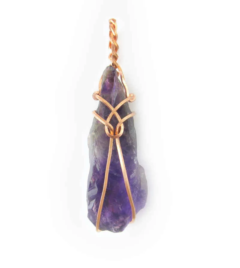 Raw Amethyst Crystal Pendant Necklace w/ Teardrop Knot, Copper Wire-Wrapped, w/ 20 Chain, Handmade