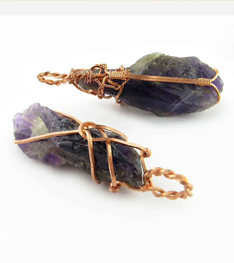 Raw Amethyst Crystal Pendant Necklace w/ Teardrop Knot, Copper Wire-Wrapped, w/ 20 Chain, Handmade