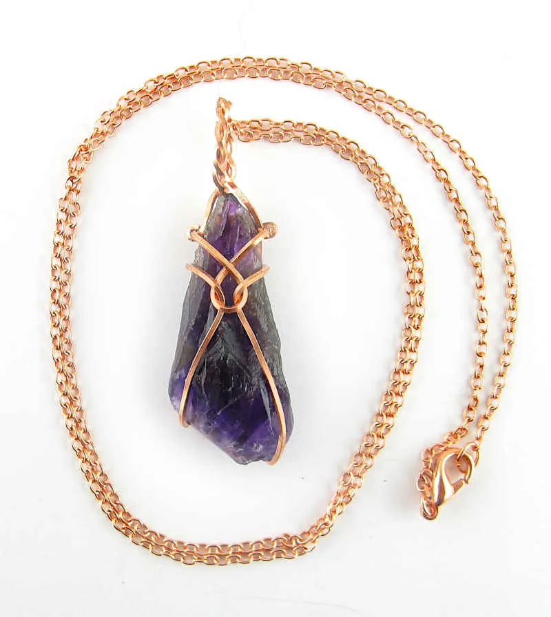 Raw Amethyst Crystal Pendant Necklace w/ Teardrop Knot, Copper Wire-Wrapped, w/ 20 Chain, Handmade