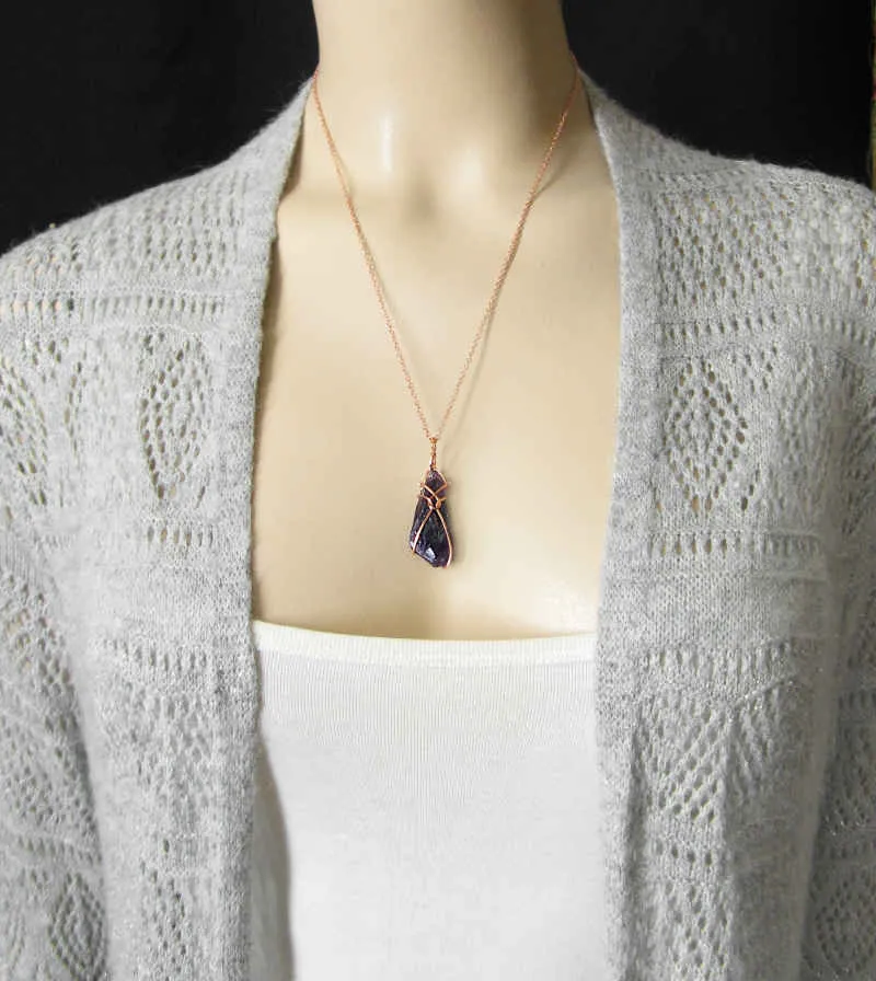 Raw Amethyst Crystal Pendant Necklace w/ Teardrop Knot, Copper Wire-Wrapped, w/ 20 Chain, Handmade