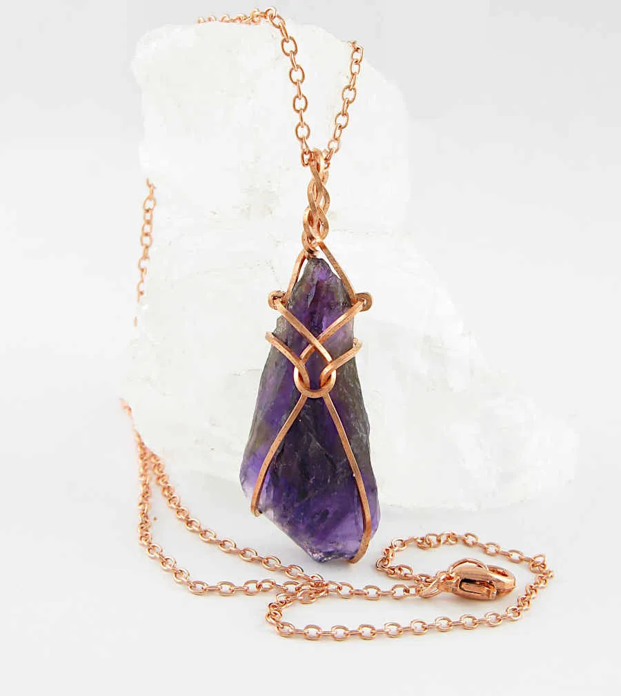 Raw Amethyst Crystal Pendant Necklace w/ Teardrop Knot, Copper Wire-Wrapped, w/ 20 Chain, Handmade