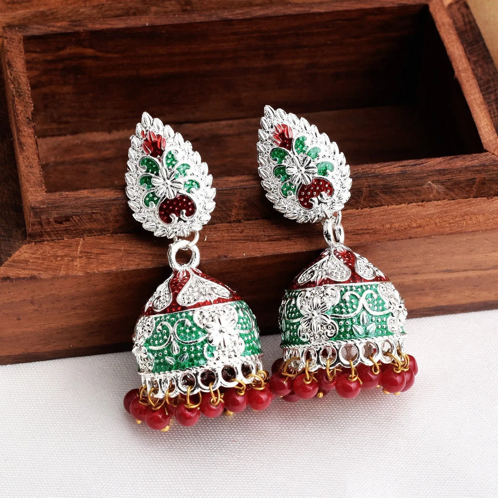 Red & Green mix Shiny Silver Enamel Jhumki Earrings