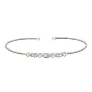 Rhodium Finish Sterling Silver Cable Cuff Bracelet with Simulated Diamond Marquis & Round Design