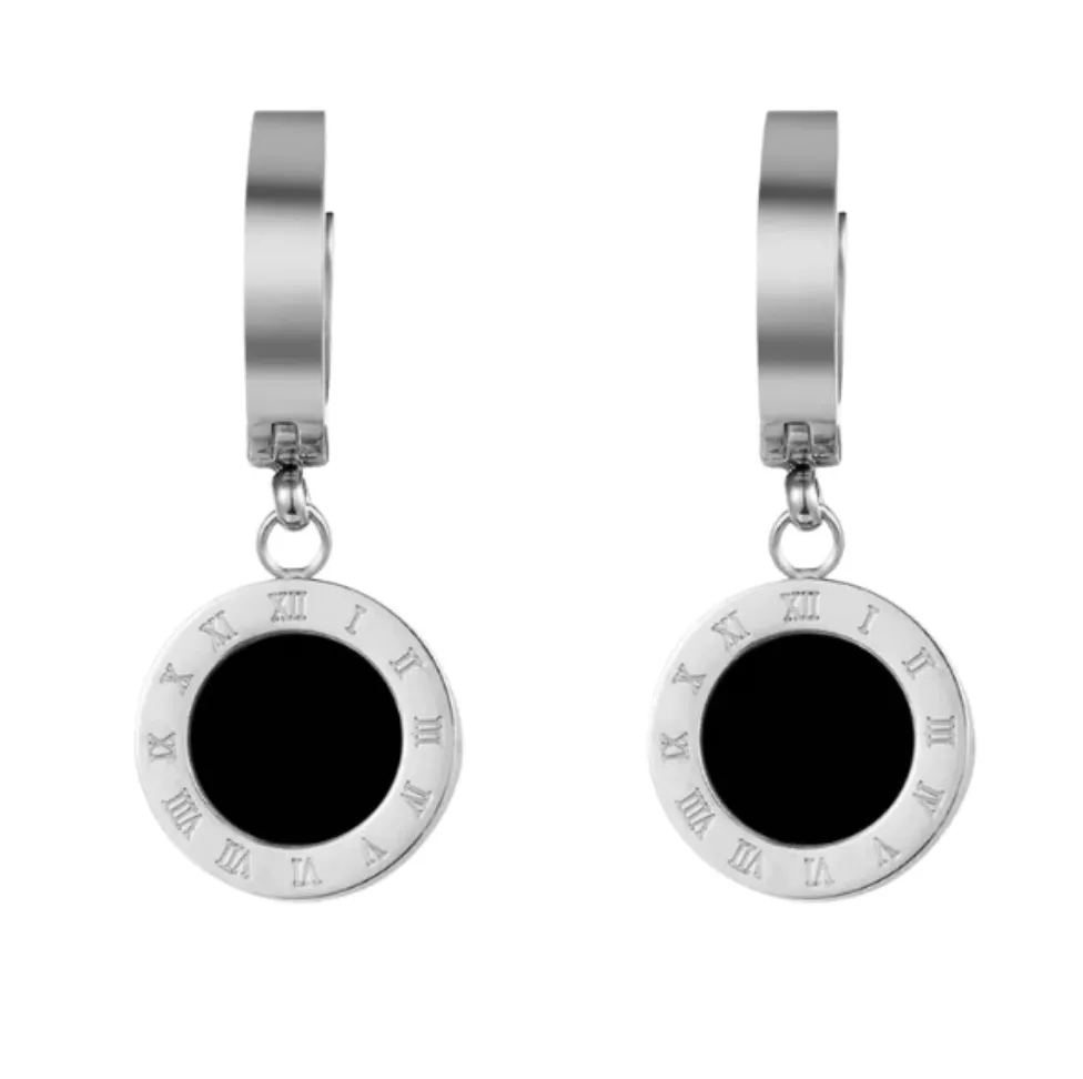 Roman Numeral Onyx Drop Earrings Stainless Steel