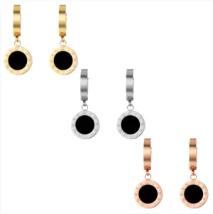 Roman Numeral Onyx Drop Earrings Stainless Steel