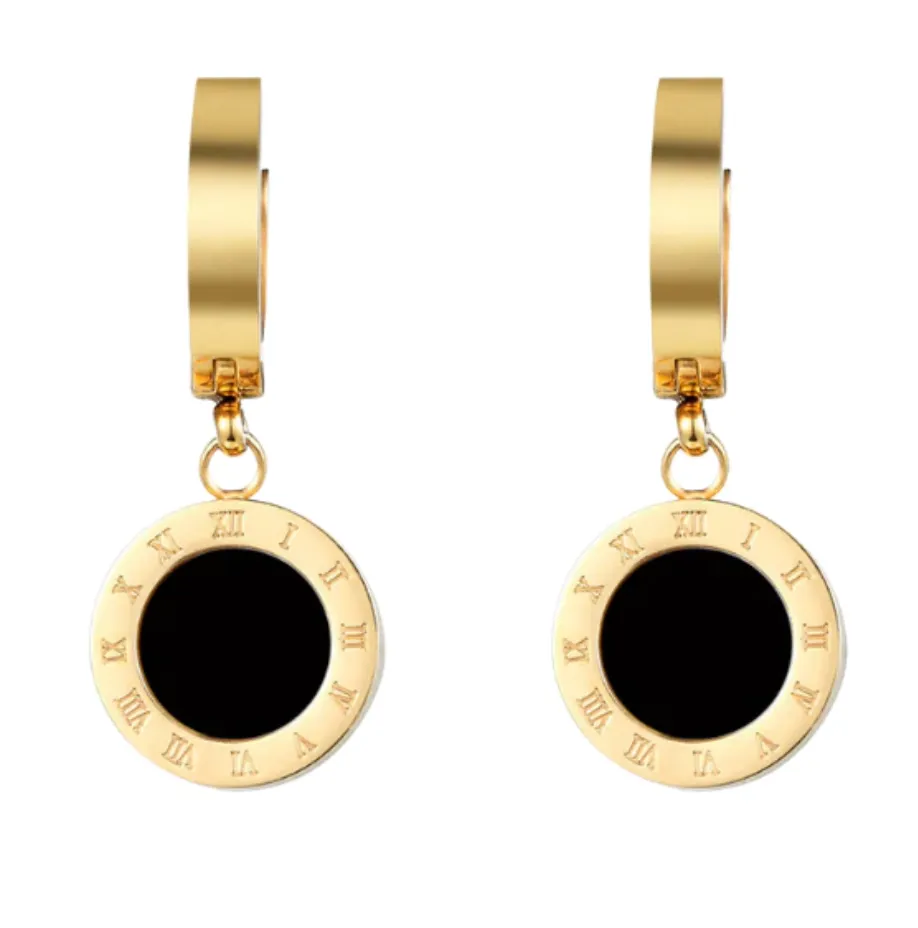 Roman Numeral Onyx Drop Earrings Stainless Steel