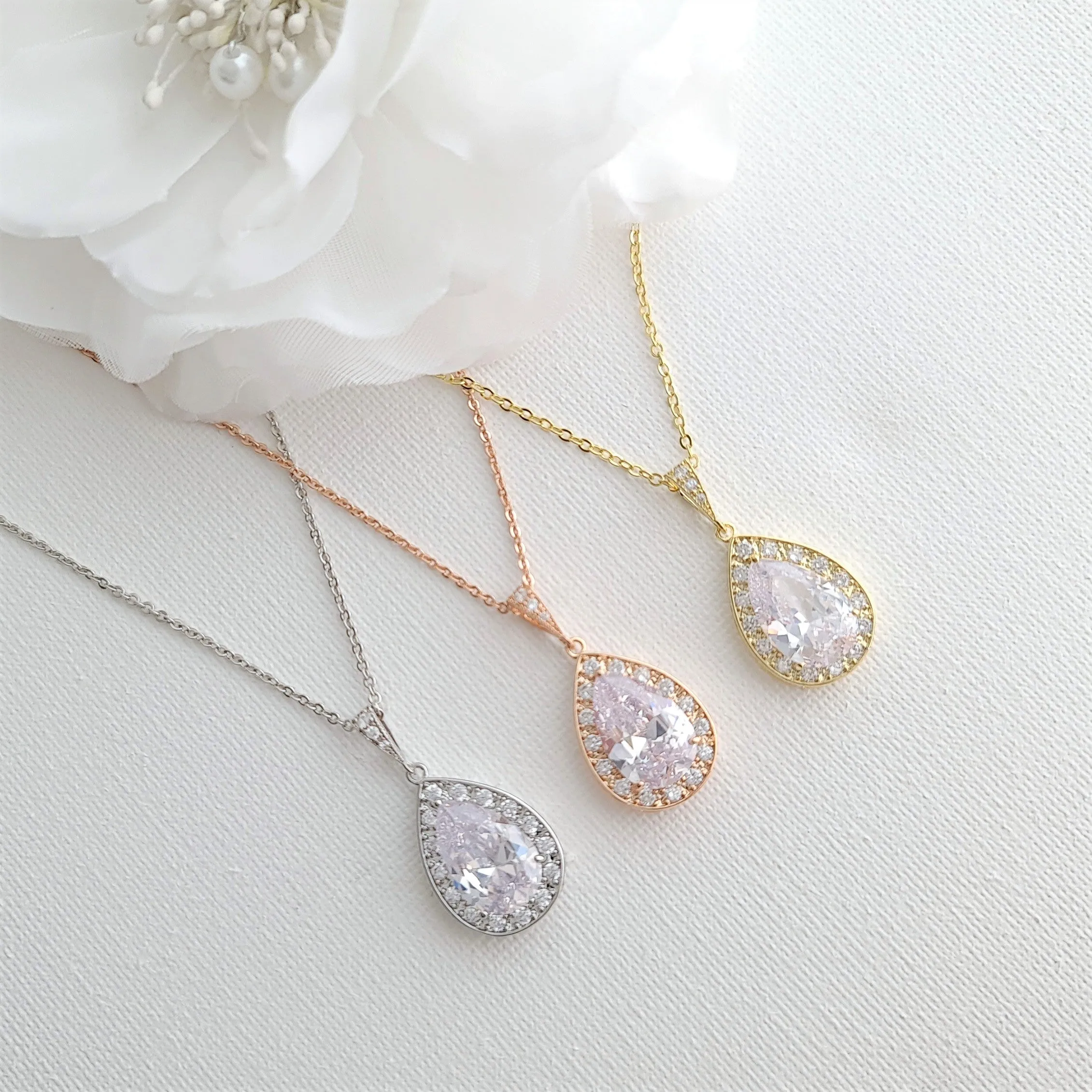 Rose Gold Teardrop Pendant Necklace for Brides & Bridesmaids-Evelyn