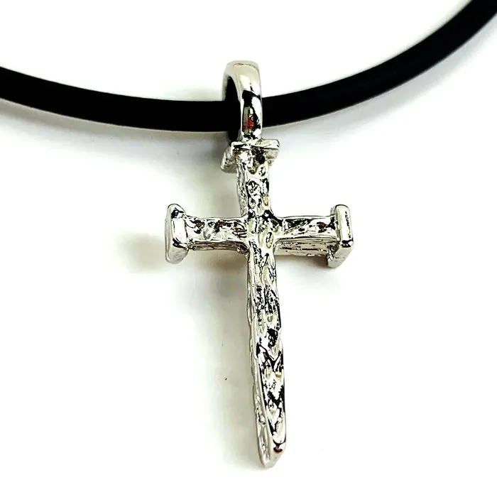 Rugged Nail Cross Necklace Rhodium Metal Finish