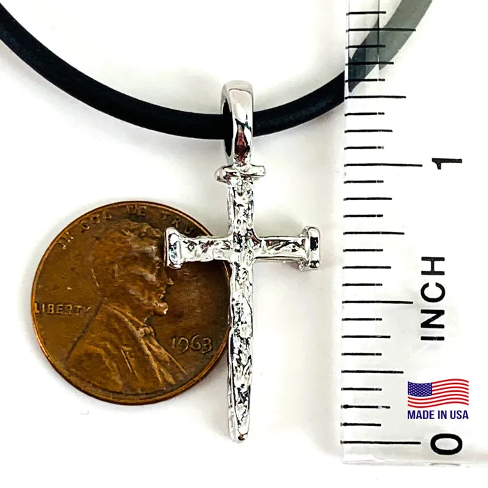 Rugged Nail Cross Necklace Rhodium Metal Finish