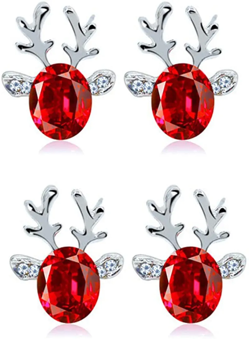 Set Elk Reindeer Antlers Crystal Stud Earrings Christmas for Women Girl Teens Gift Jewelry Cubic Zirconia Rhinestone Luxury Christmas Earring Colorful Xmas Dainty Silver Color