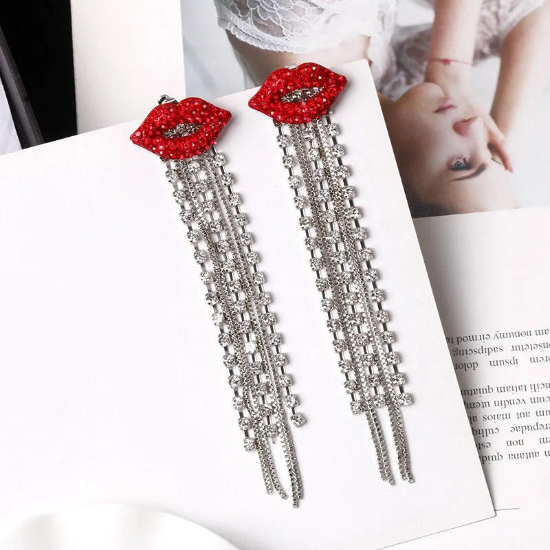 Shiny Red Lips Crystal Tassel Dangle Earrings