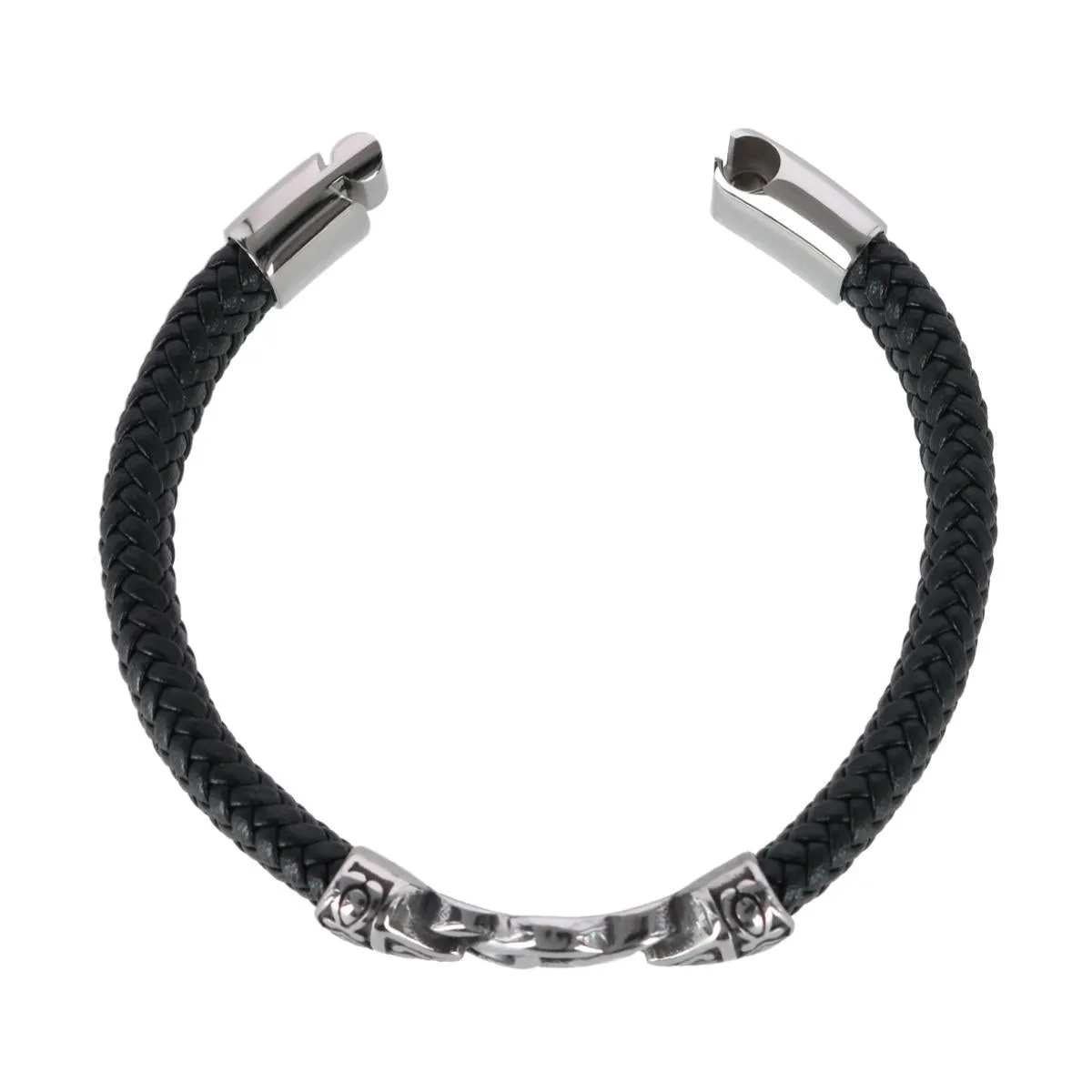 Silver Interlock Pattern on Black Leather Bracelet