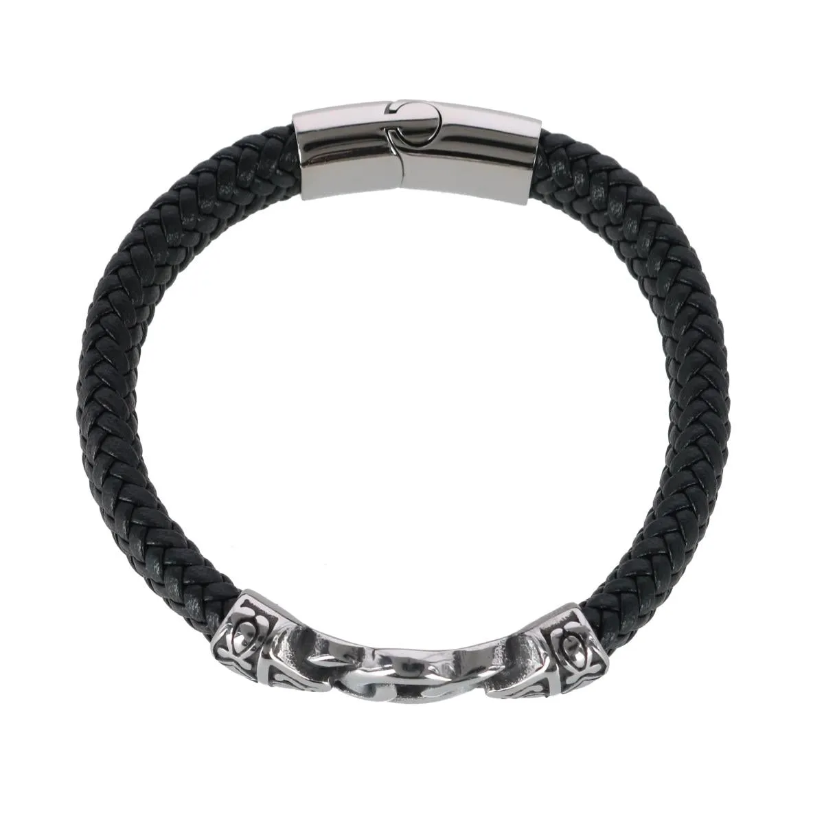 Silver Interlock Pattern on Black Leather Bracelet