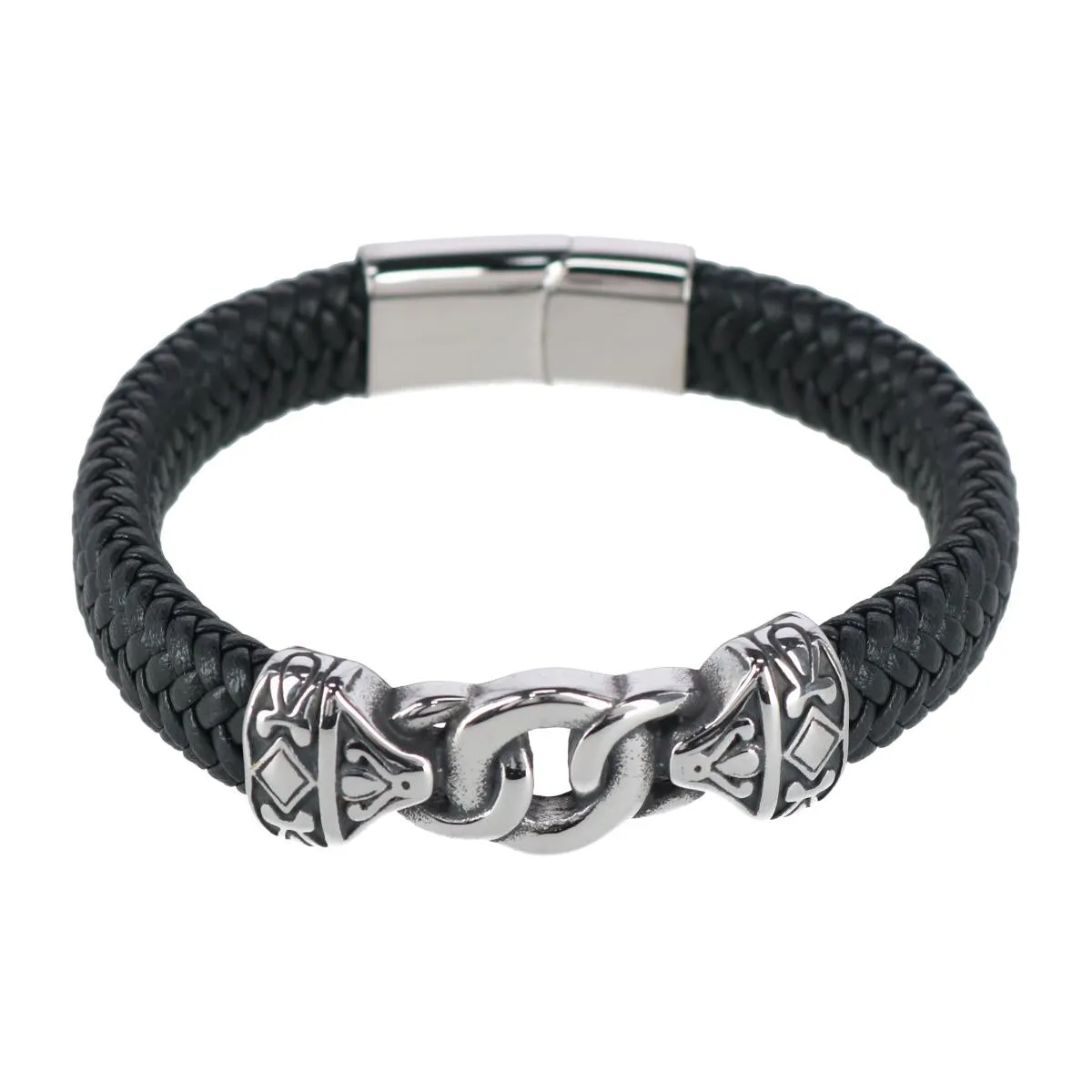 Silver Interlock Pattern on Black Leather Bracelet