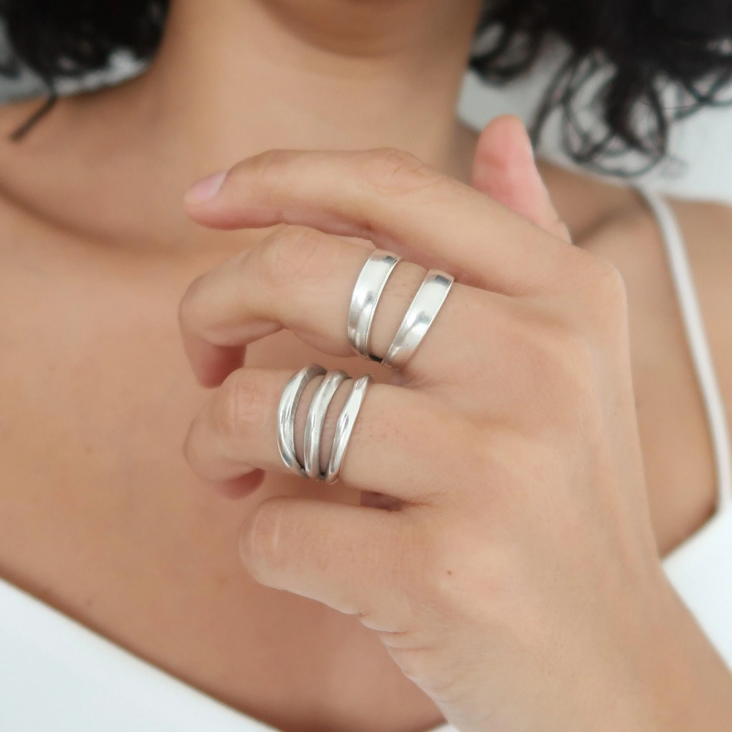 Silver Long Parallel 2 or 3 Lines Ring