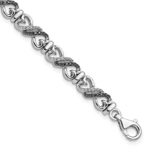 Silver Polished Black White Diamond 7.5 inch Bracelet