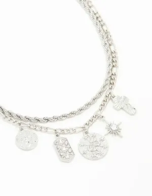 Silver Textured & Diamante Charm Layered Necklace