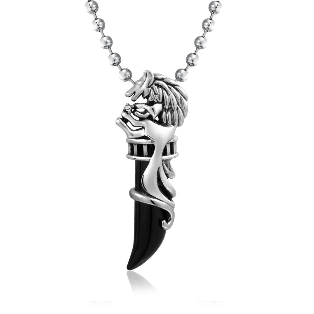 Simulated Black Onyx Wolf Fang Viking Pendant Necklace for Men Silver Tone 20" Chain