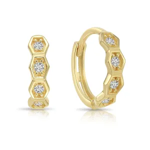 Solid 14K Yellow Gold Hexagon Huggie Hoop Earrings, Single Row CZ Hoops, 12mm