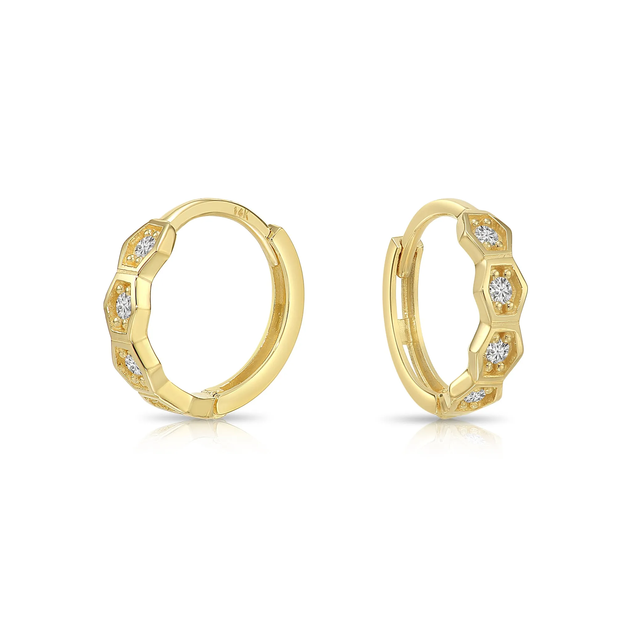 Solid 14K Yellow Gold Hexagon Huggie Hoop Earrings, Single Row CZ Hoops, 12mm