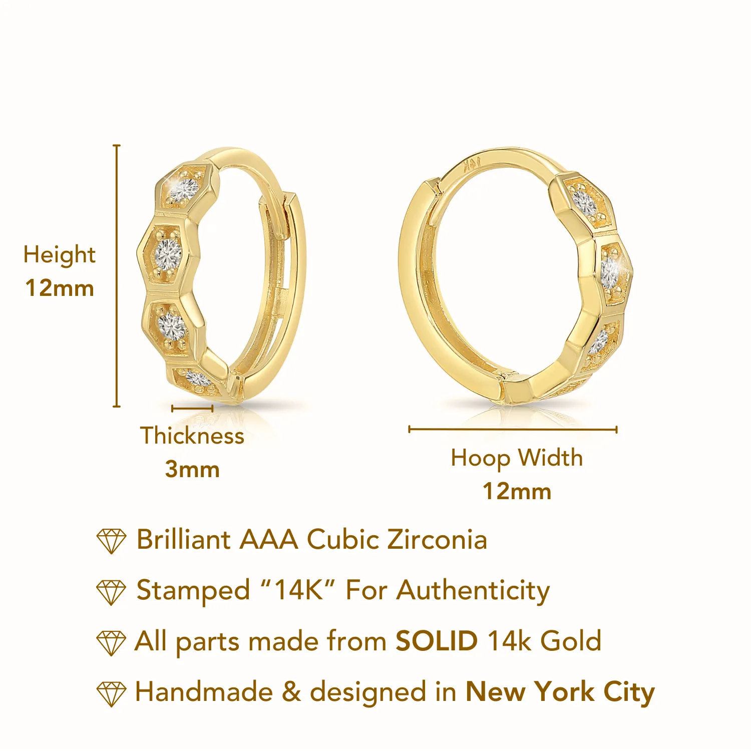 Solid 14K Yellow Gold Hexagon Huggie Hoop Earrings, Single Row CZ Hoops, 12mm