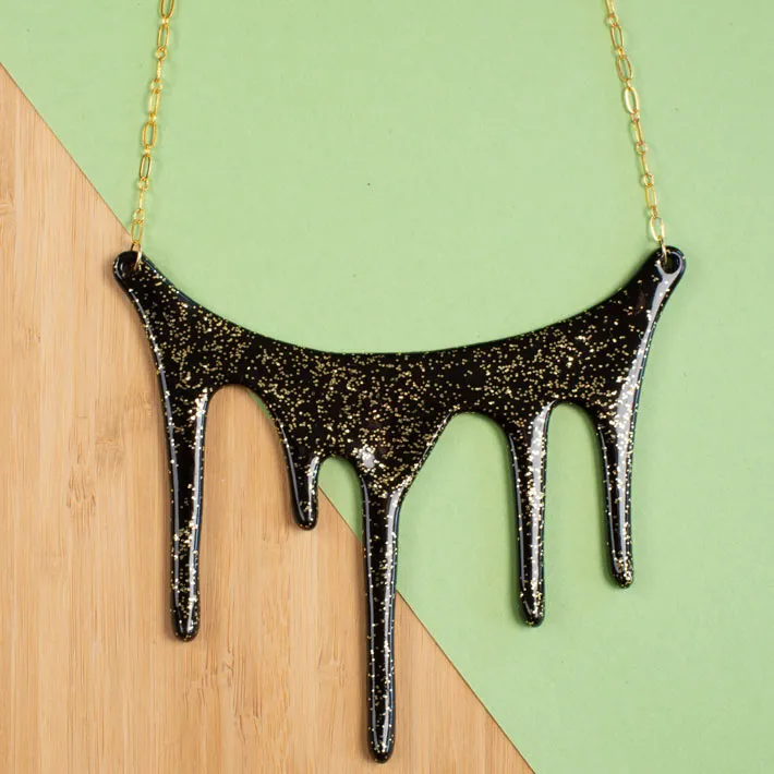 Sparkly Gold and Black Statement Necklace - Drip