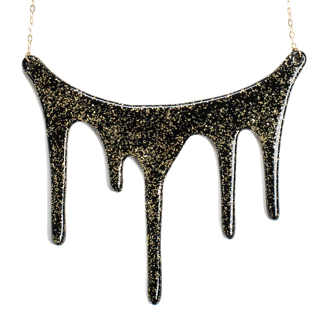 Sparkly Gold and Black Statement Necklace - Drip