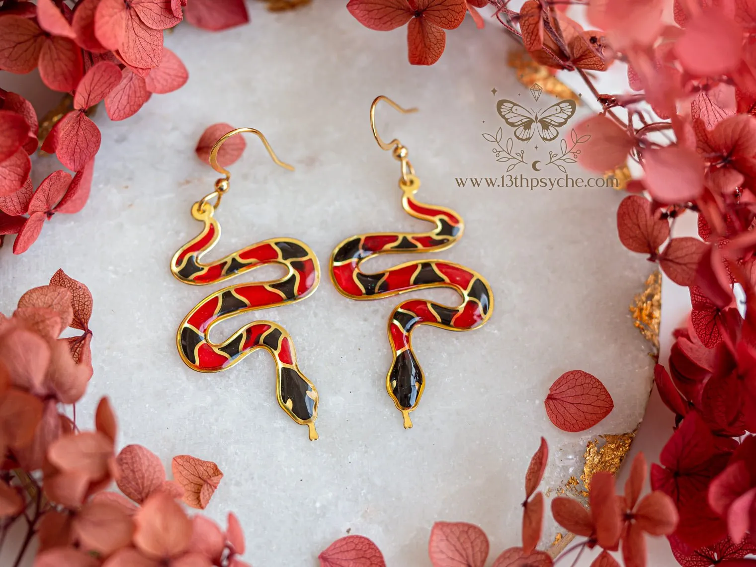 Stained glass inspired Coral Snake Earrings