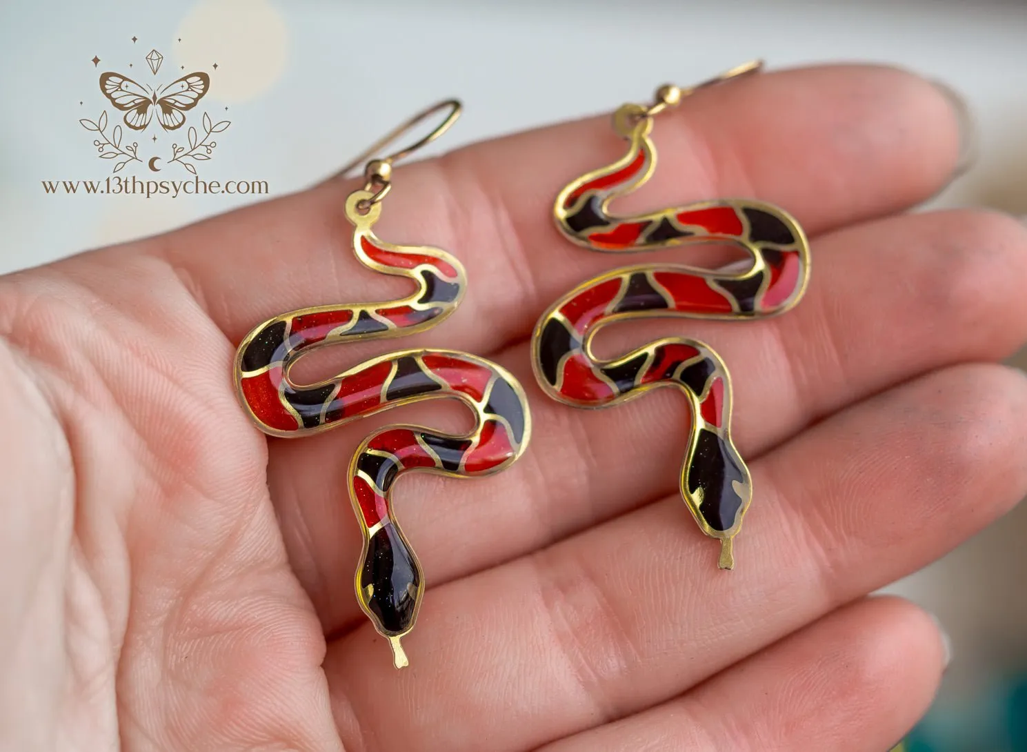 Stained glass inspired Coral Snake Earrings