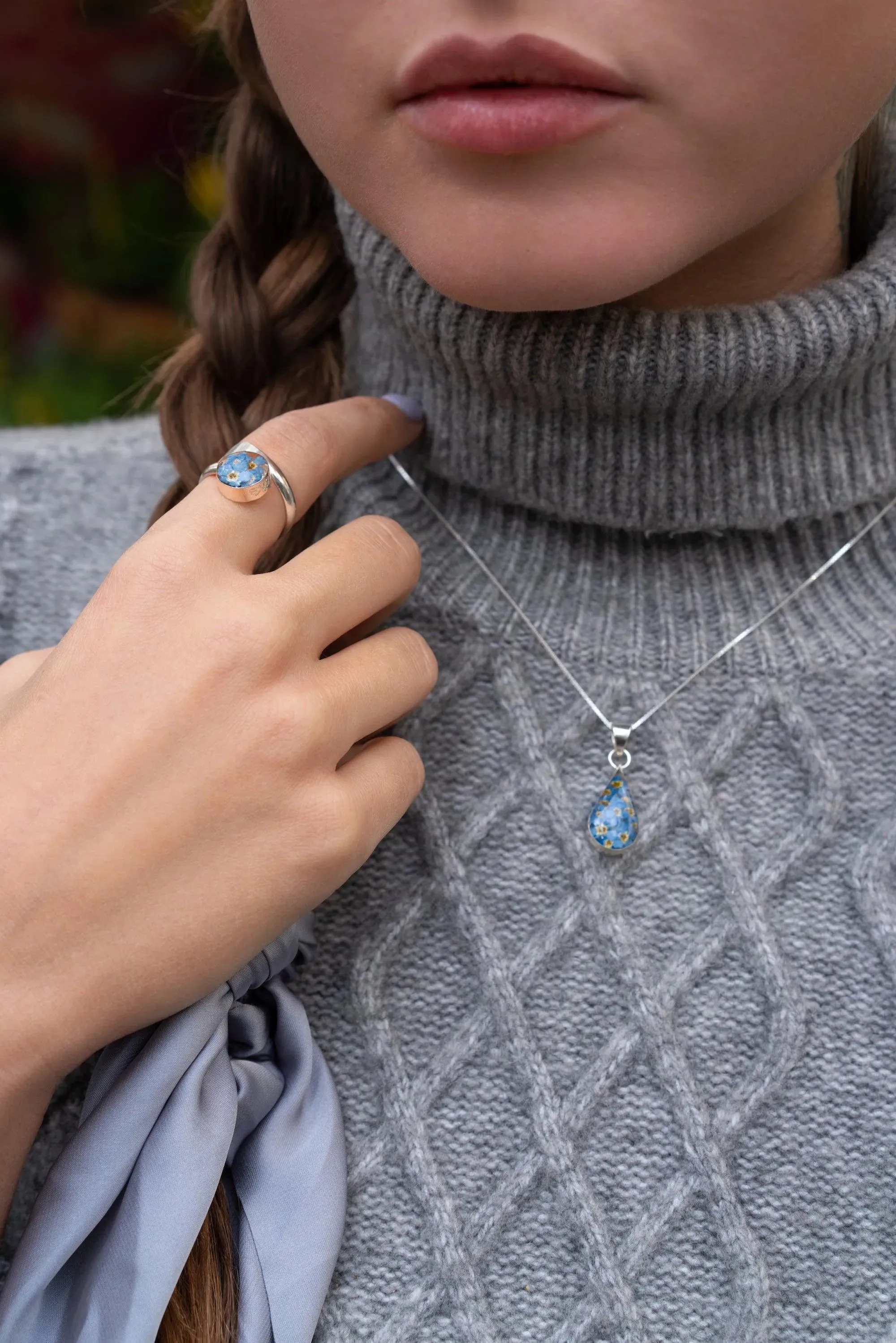 Sterling Silver Adjustable Ring with Real Forget-Me-Not Flowers