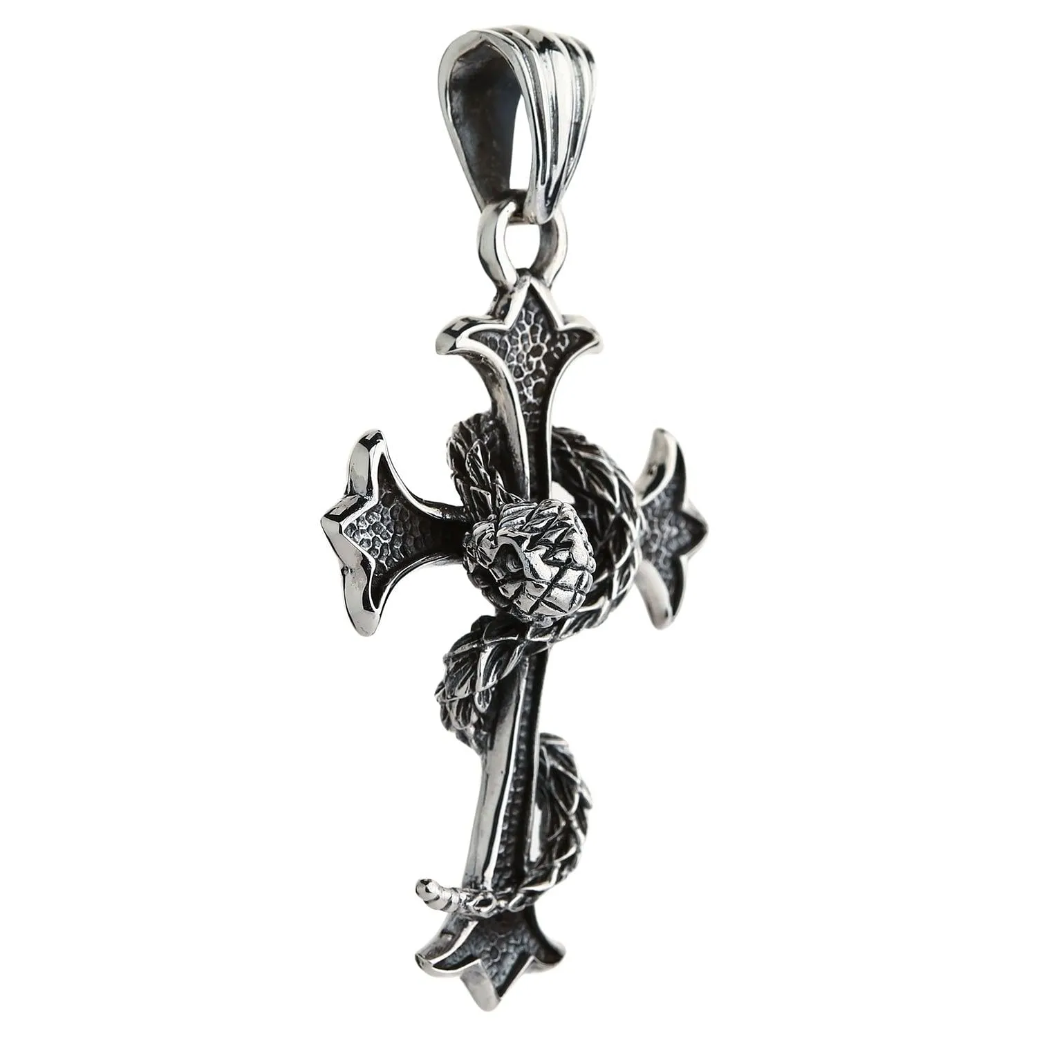 Sterling Silver Snake Gothic Cross Pendant